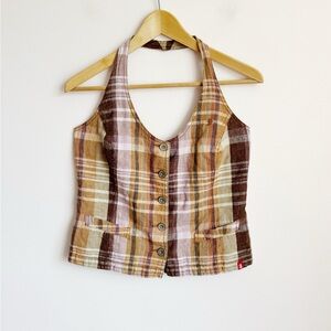 Brown and Pink Plaid Linen and Cotton Halter Style Vest